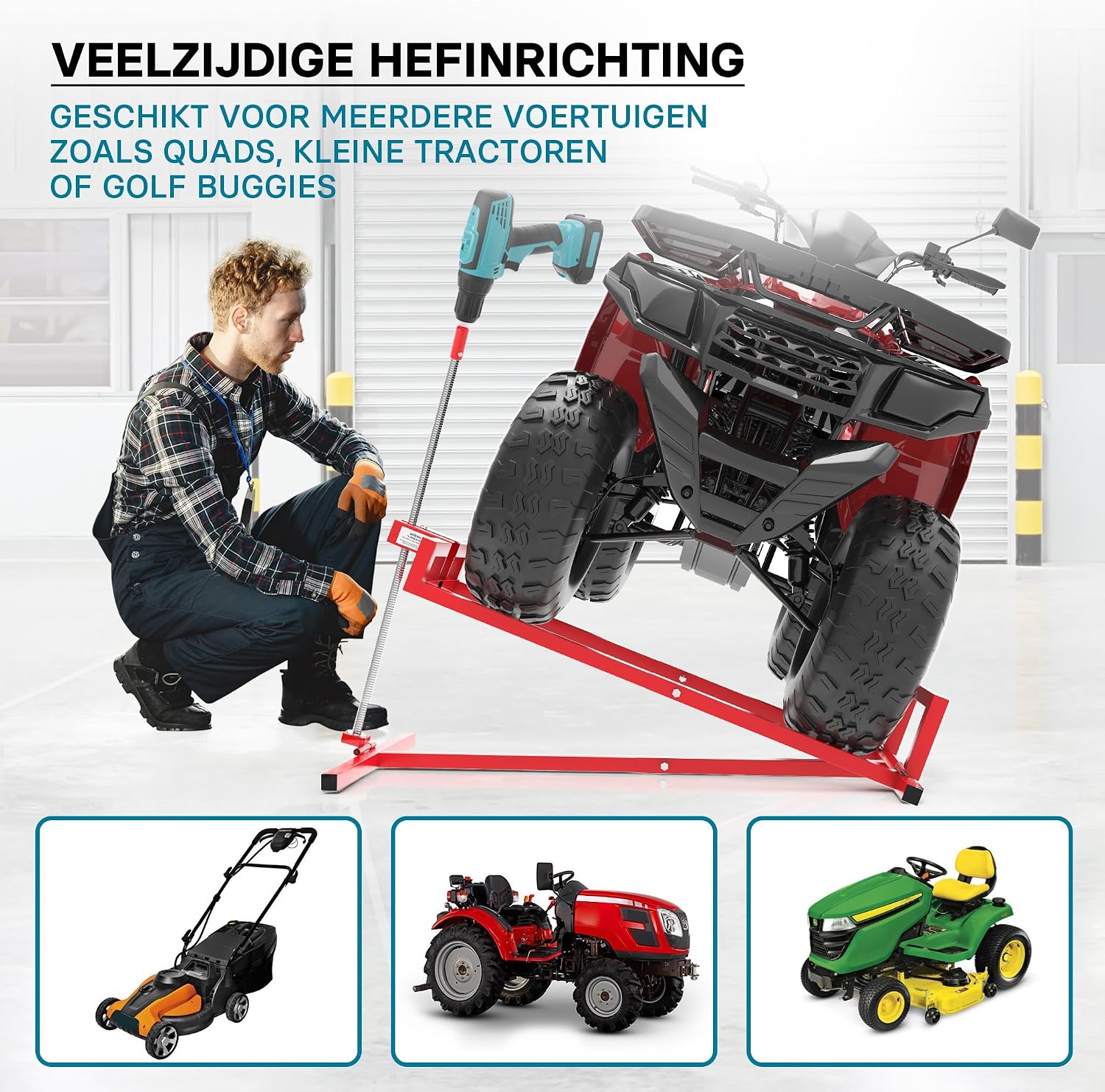 Image showing the WilTec Lawn Mower Lift being used with an ATV, alongside smaller images of a push mower, a small tractor, and a ride-on mower, illustrating its versatility.