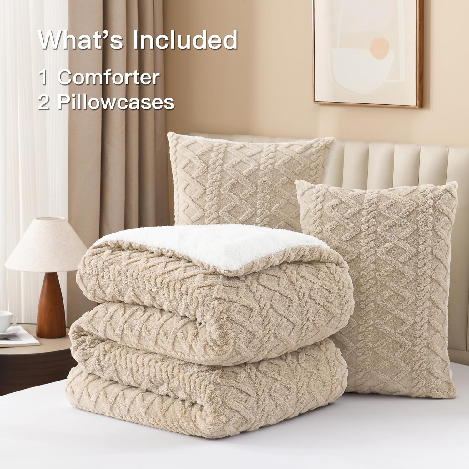 Andency Fluffy Sherpa Queen Comforter Set, Super Soft Beige Fleece Warm Bedding for Winter, Luxury Jacquard Boho Thick Fuzzy Plush Bed Set 3 Pieces(1 Shaggy Comforter, 2 Pillowcases) - Image 6