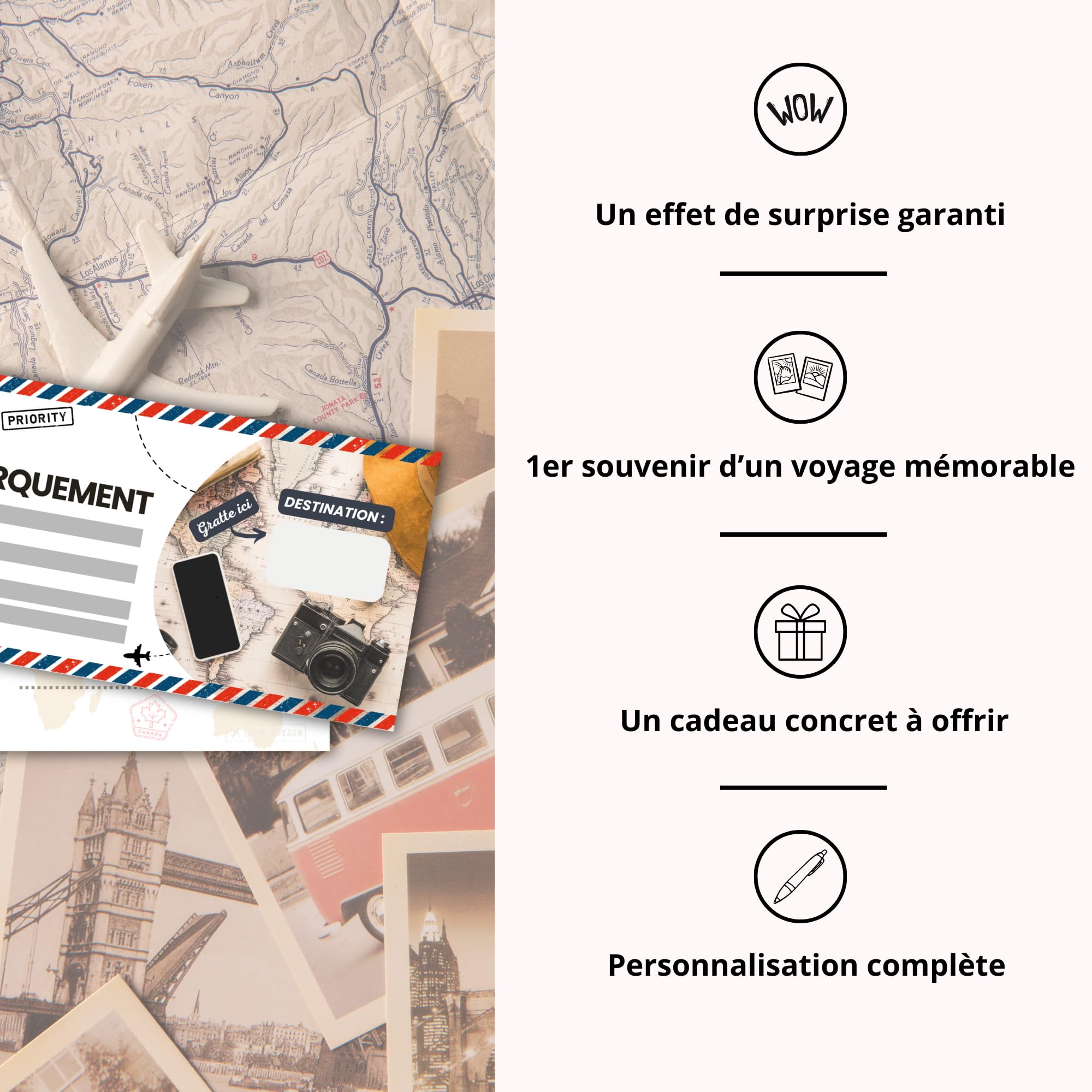 Carte à Gratter Voyage Surprise Personnalisable en Français - Billet d'Avion Annonce Cadeau Anniversaire Noël EVJF EVG - Pack de 2