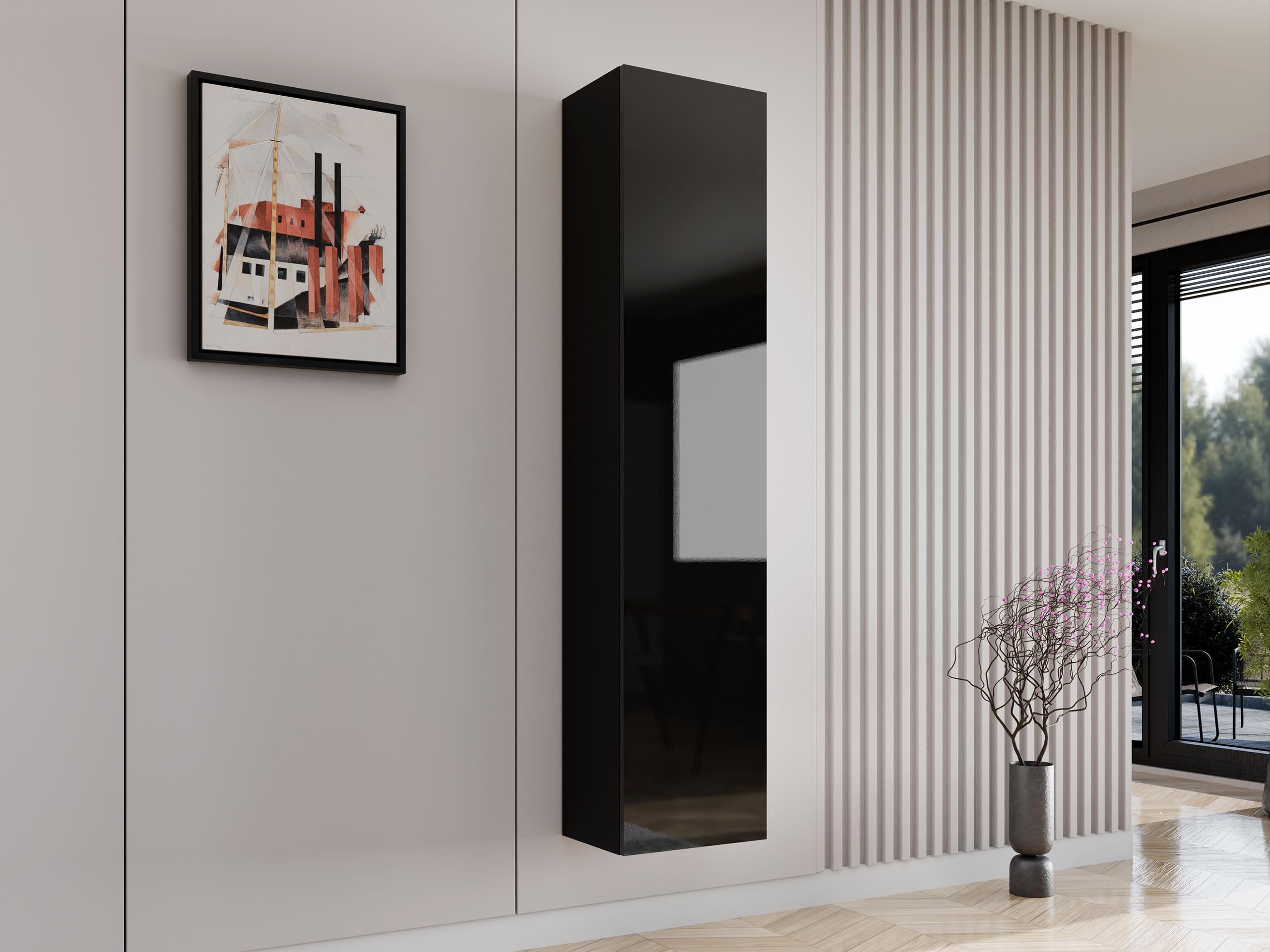 Mirjan24 Hängevitrine Vigo 180, Vitrinenschrank, Grifflose Öffnen, Farbauswahl, Stauraumvitrine Hochschrank, Wohnzimmer Highboard, Schrank, Modernes Vitrine (Schwarz/Schwarz Hochglanz)