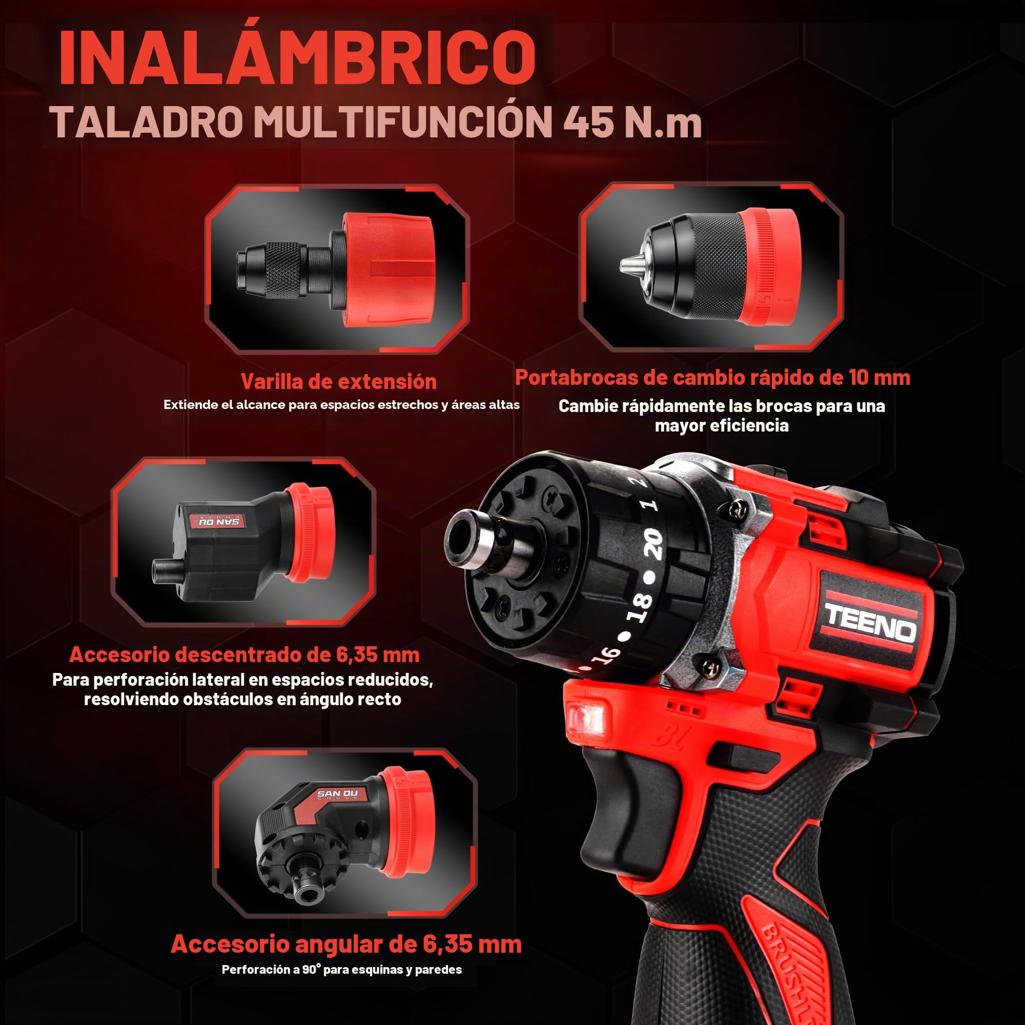 TEENO Taladro Percutor a Batería 18V Sin Escobillas, Kit de Destornillador Eléctrico, 20+3 Velocidades, Max 45Nm, con Adaptador de Desplazamiento, Mandril de Sujeción Rápida, LED