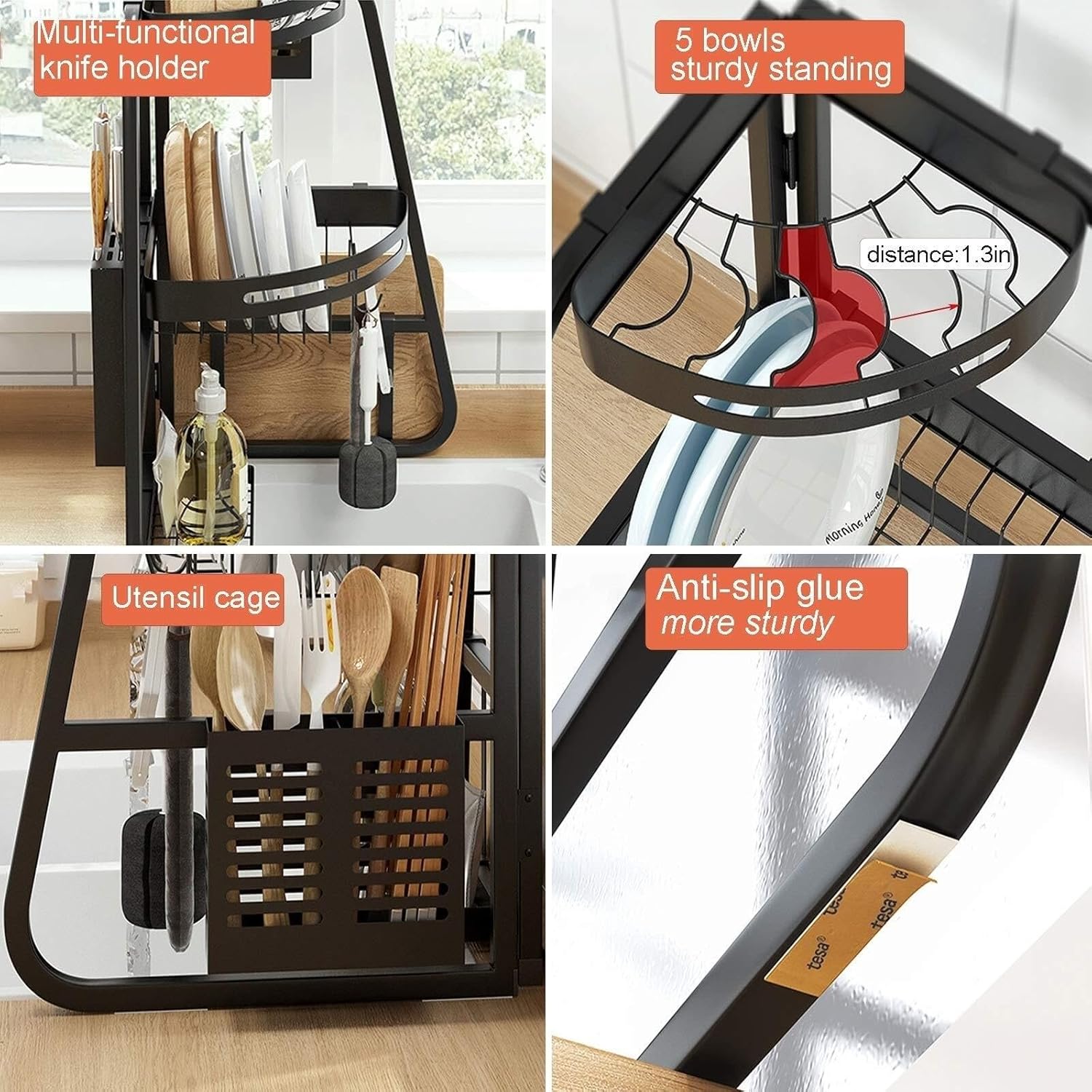 Dish Drying Rack Organization Sturdy Triangle 2 Tier Dish Drainer Multi-Functional Dish Dryer Holder with Utensil Holder Flatware Caddy