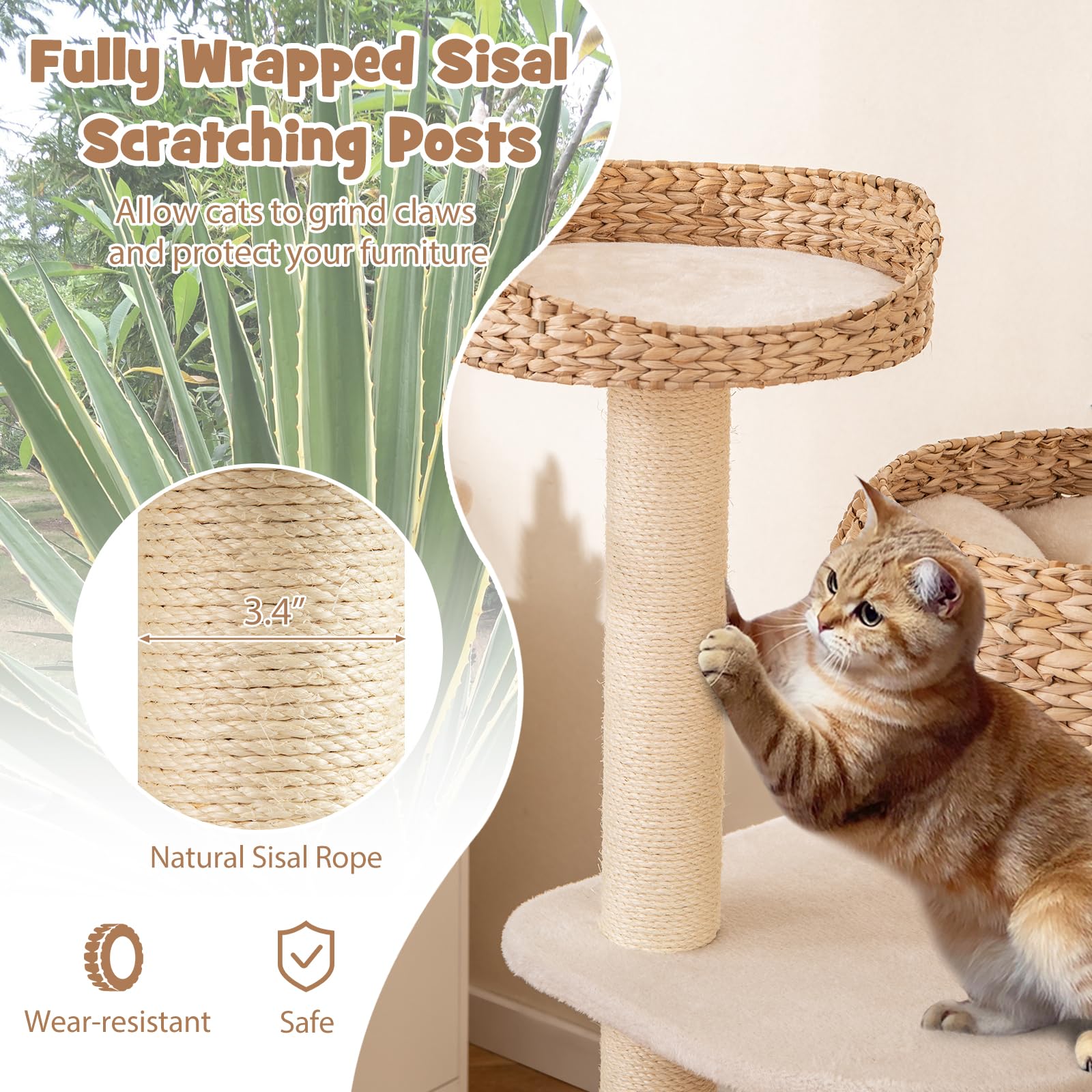 Tangkula Moderno árbol para gatos, torre alta para gatos con poste rascador de sisal natural, condominio de mimbre hecho a mano y percha superior, divertida bola de juguete colgante, bonita torre de