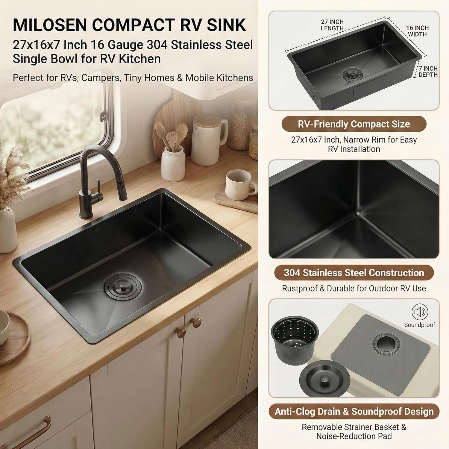 MILOSEN Black RV Kitchen Sink, 27''×16''×7'' 16 Gauge T304 Stainless Steel Drop-in/Undermount Black RV Sink, Single Bowl Sinks for Caravans/Campervans & Site Cabins, 7 inch Depth Outdoor Trailer Sinks