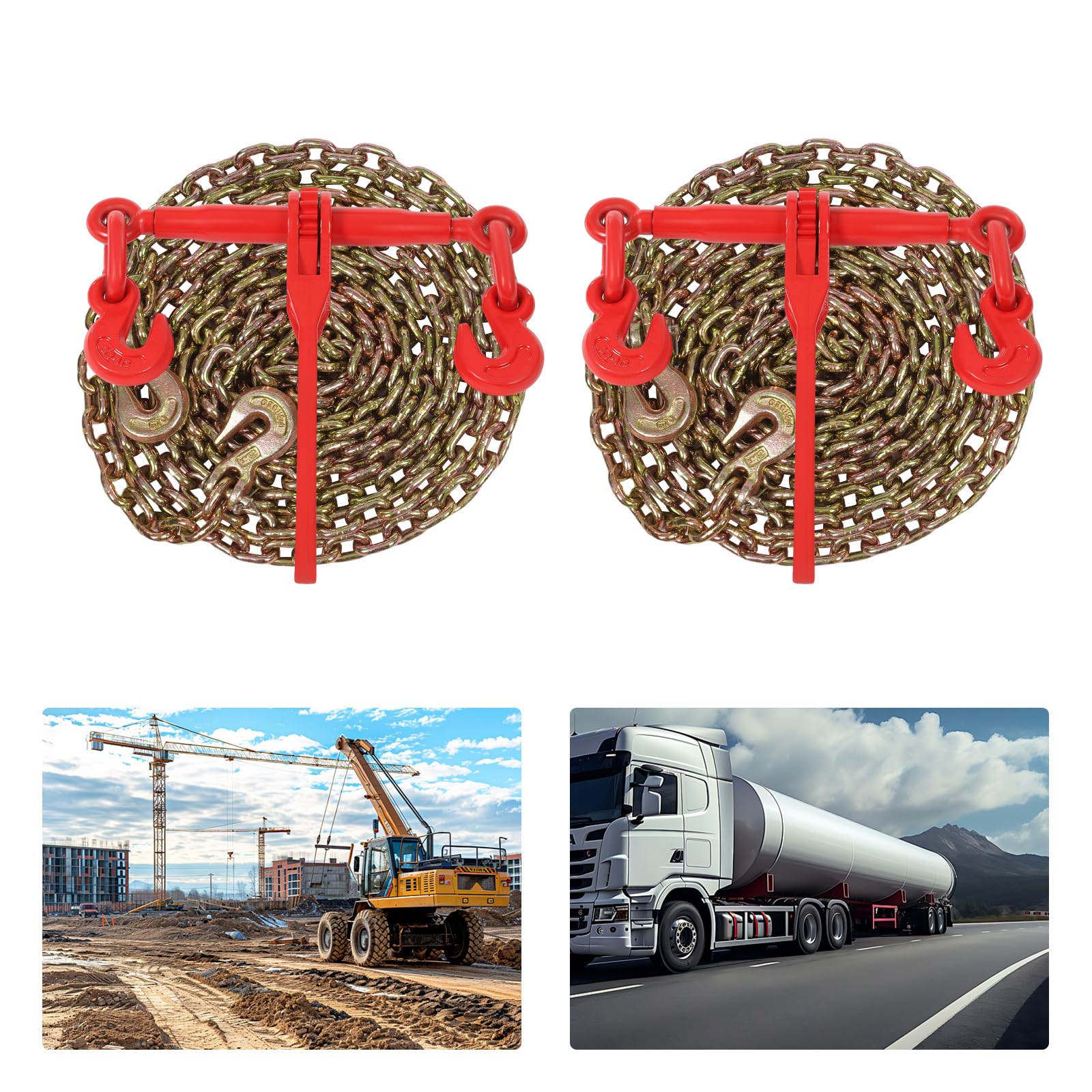 Heavy Duty Ratchet Chain Binder Kit for Industrial & Agricultural Use, 3,300 lbs Load Binder with 20ft Chains, 360° Rotating Hooks, Sturdy Alloy Steel for Cargo Securement in Logistics & Construction