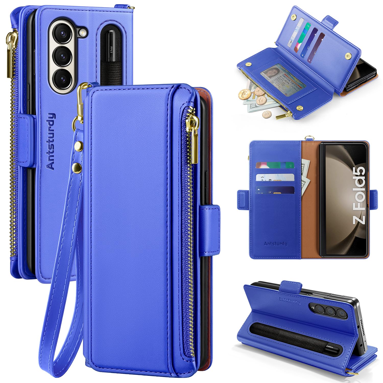 Antsturdy Compatible with Samsung Galaxy Z Fold 5 Case Wallet Women with【S Pen Holder】 Phone Case with Card Holder Strap PU Leather RFID Blocking Flip