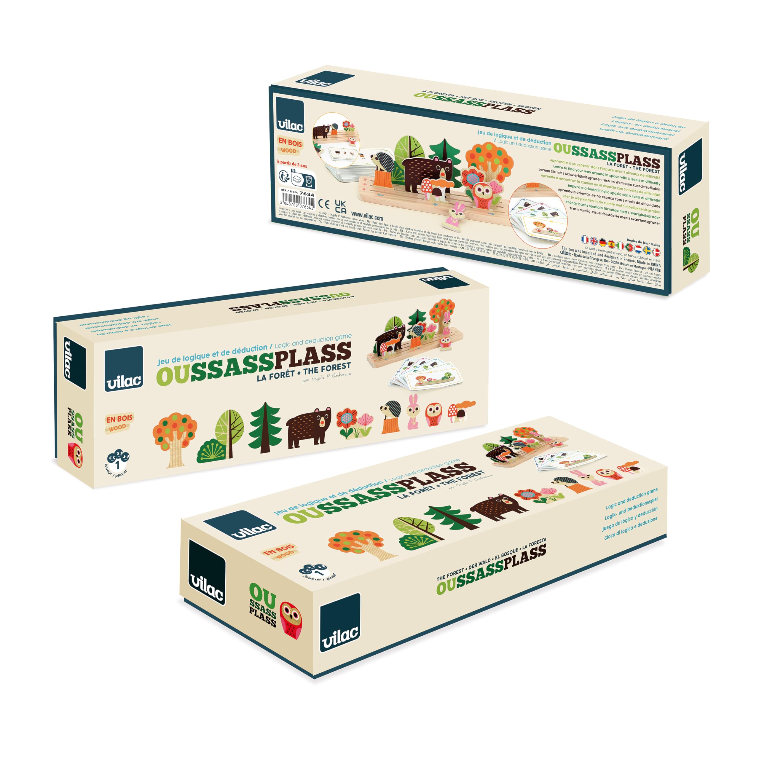 VILAC - Oussassplass La foresta - Ingela P.Arrhenius - 9 pezzi in legno + 60 carte da gioco con livelli di difficoltà evolutivi - Giochi di risveglio per bambini in legno - dai 3 anni - 7634