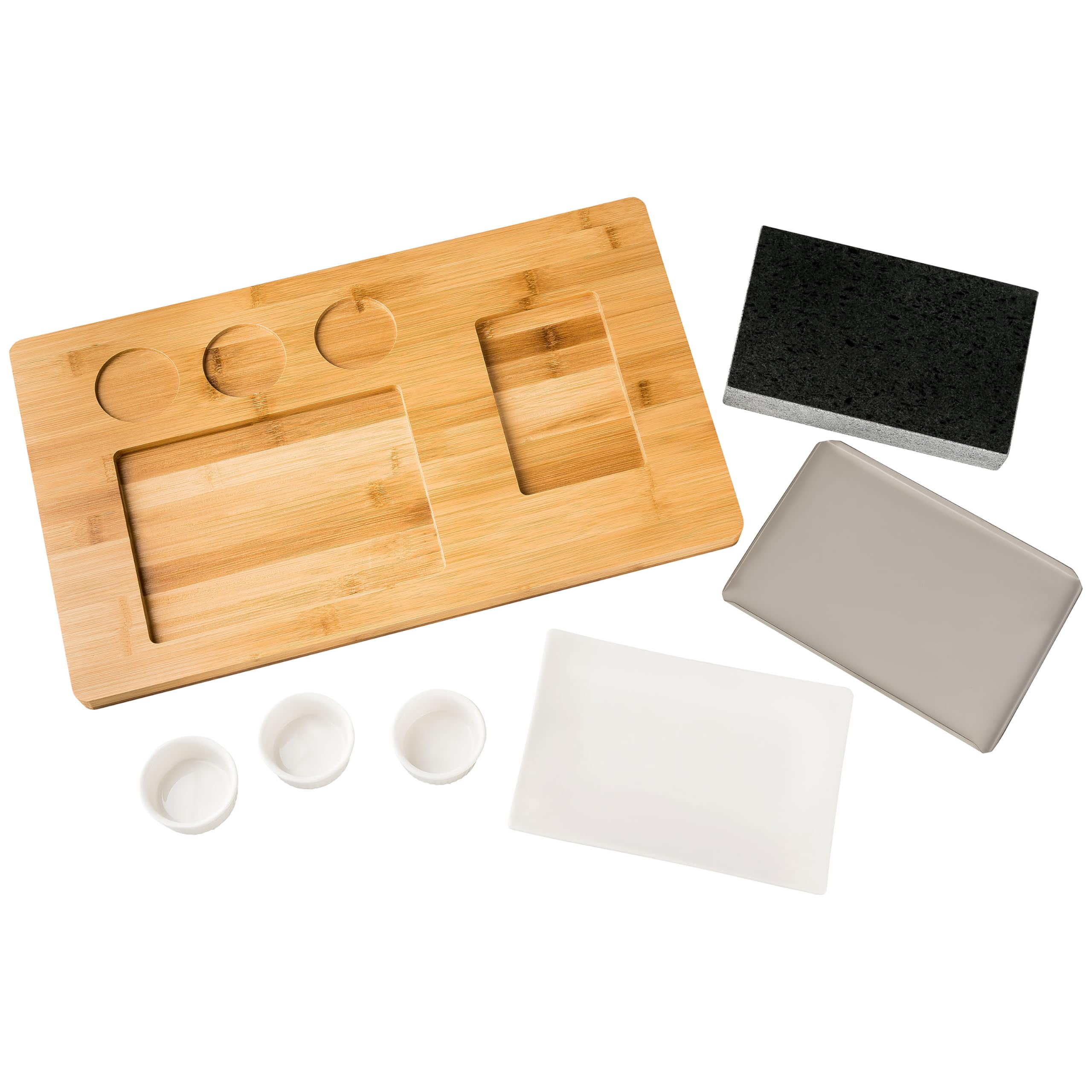 Heißer Stein-Grill Hot Stone Steak Granitstein SET (50x30x3 cm) | Heiße Steinplatte Grill Bambus Holzbrett Teller Schälchen weiß