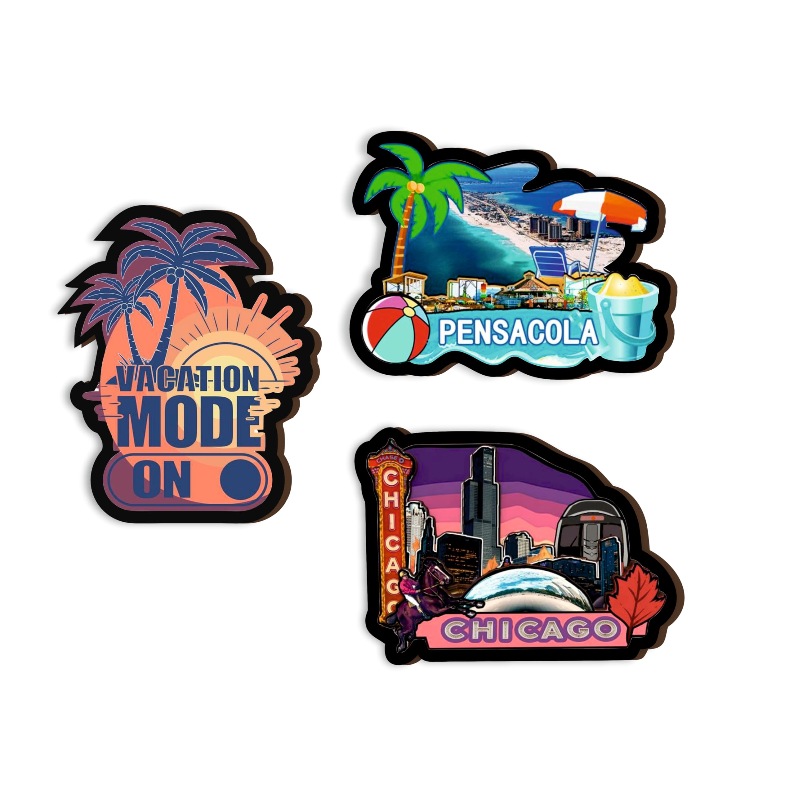 Chicago Pansacola Vacation Mode on Fridge Magnets- Set of 3 | Travel Souvenir | Refrigerator Magnet | Gifts | Decorative Items for Kitchen Fridge Magnets Set | Multicolor (FM_101)