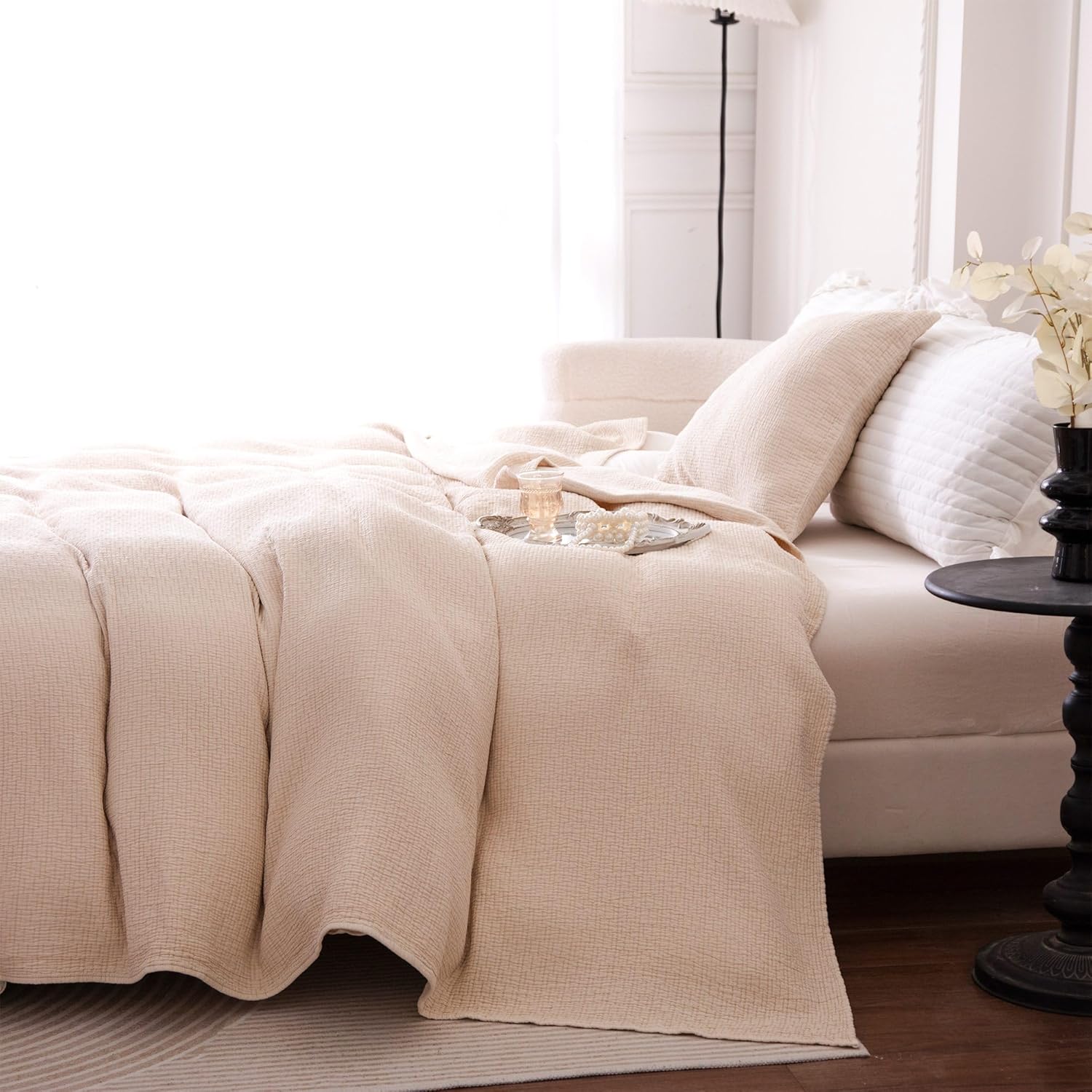 BOV King Size Blanket - Soft-Aging Stonewashed Cotton Blanket and Pillow Cover Set, Timeworn Texture Muslin Blankets for Adults Housewarming Gifts for New Home Bed Couch Sofa, Warm Beige 102"X102" - Image 2