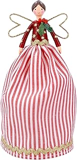 Gisela Graham Christmas Tree Topper Angel – Red & White Striped Skirt with Holly Accent, 18cm Festive Fairy Decoration