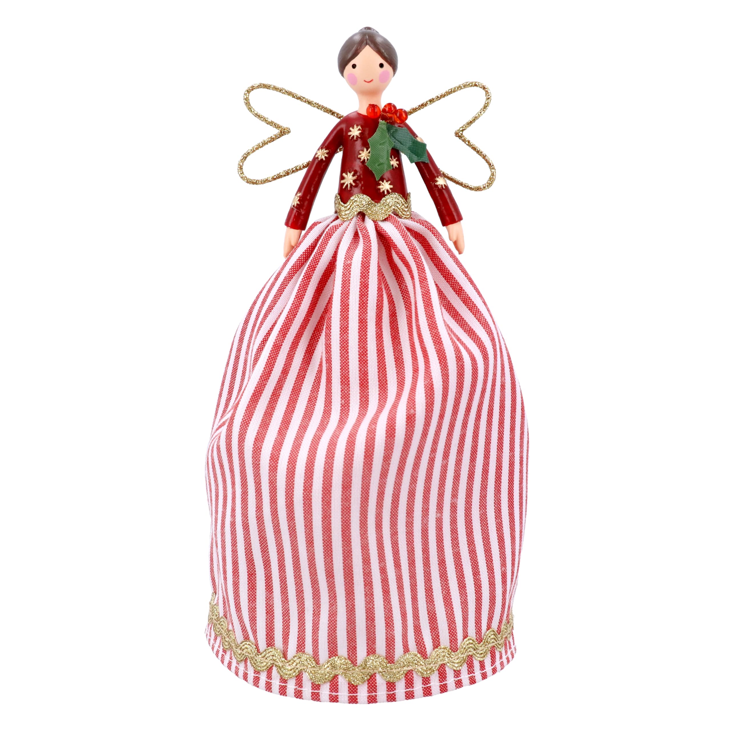 Gisela Graham Christmas Tree Topper Angel – Red & White Striped Skirt with Holly Accent, 18cm Festive Fairy Decoration