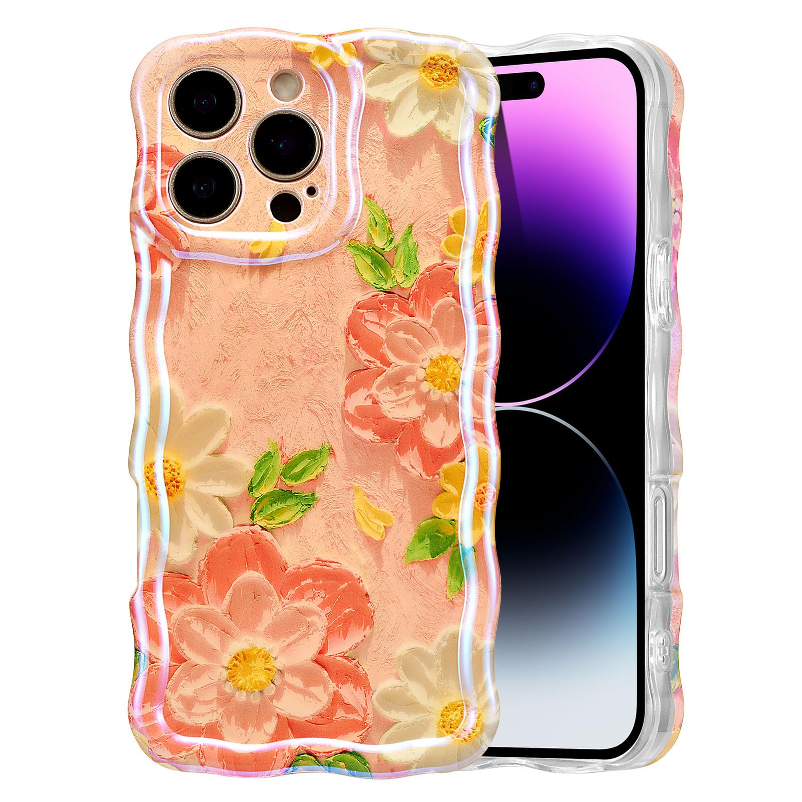 EYZUTAK Case for iPhone 15, Colorful Retro Oil Painting Flower Laser Beam Glossy Pattern Cute Curly Waves Border Exquisite Phone Cover Stylish Durable Soft TPU Protective Case for Girls Women - Green — view 45