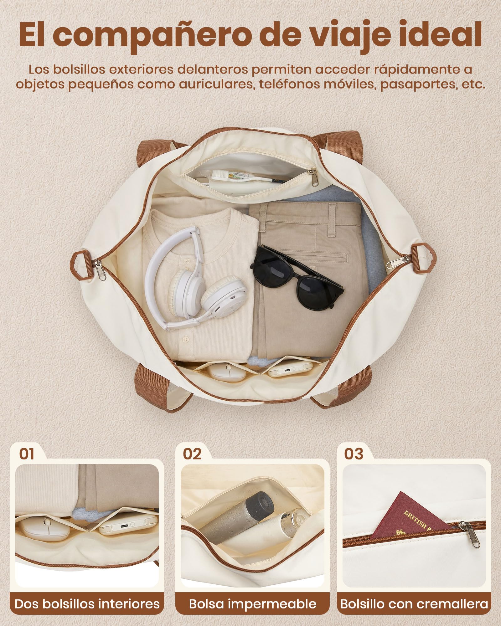 Kono Juego de Maletas con Expansión (Solo 24" y 28"), con Ruedas TPE y Cerradura TSA, más Bolsa de Viaje con Correa Ajustable y Hebilla para Carro, y Neceser, Ideal para Viajes Familiares (Crema)