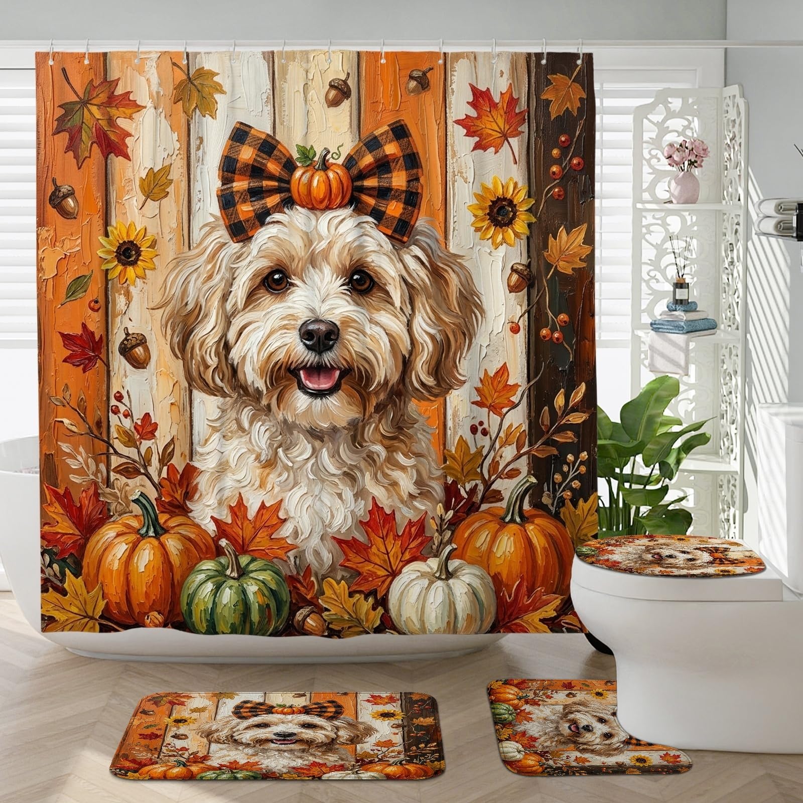 Accessoires de salle de bain chien havanais rustique et tapis en U