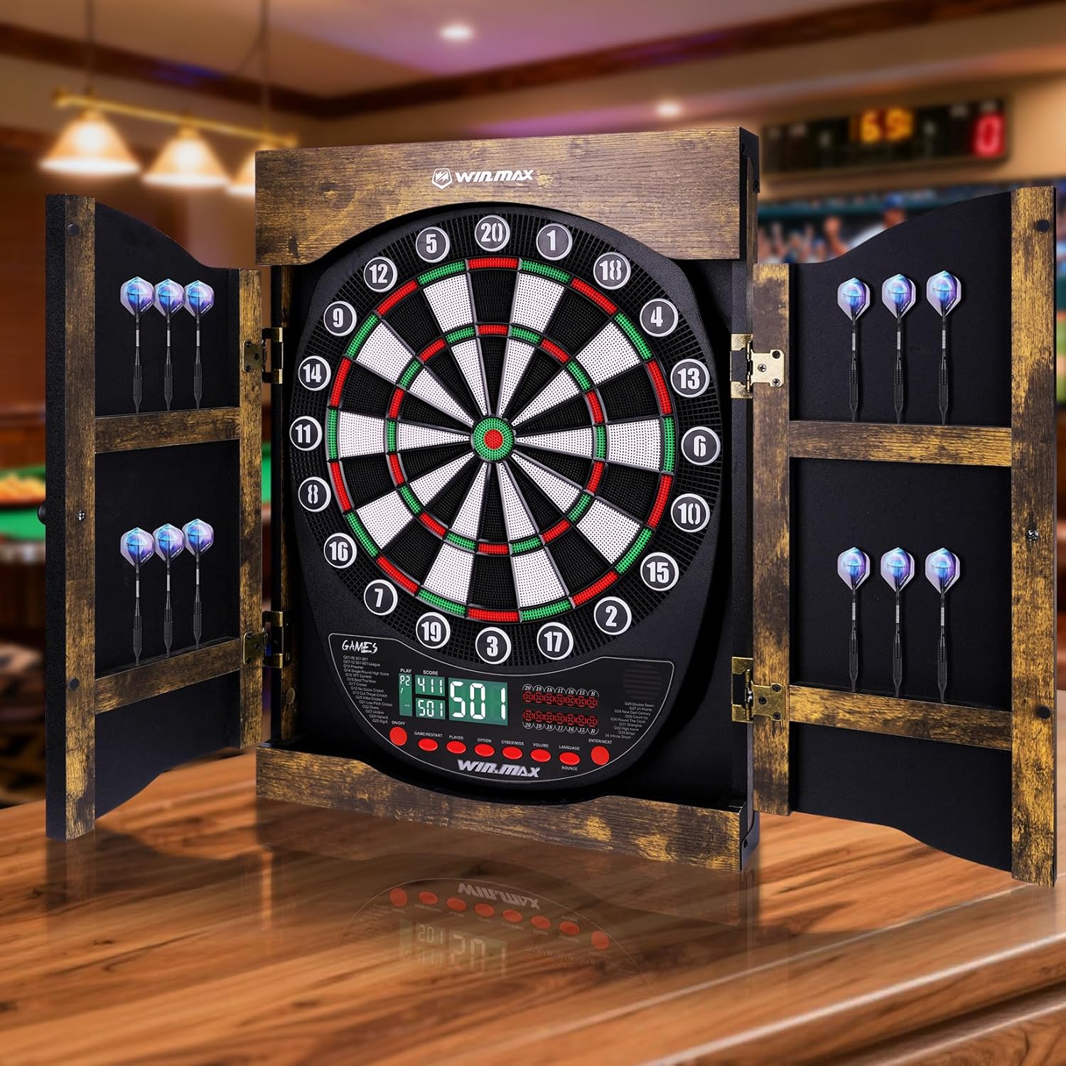WIN.MAX Electronic Dart Board Soft Tip Dartboard Set LED Displays 3 Languges with Cabinet