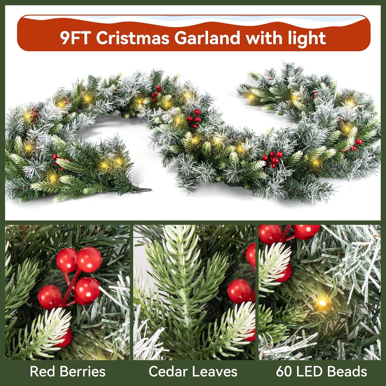Fohil 9FT Christmas Garland with 60 LED Lights, 8 Modes Artificial Christmas Garland Decoration with Red Berries, Battery Operated Xmas Garland Indoor for Door Mantel Stairs Fireplace - Image 5