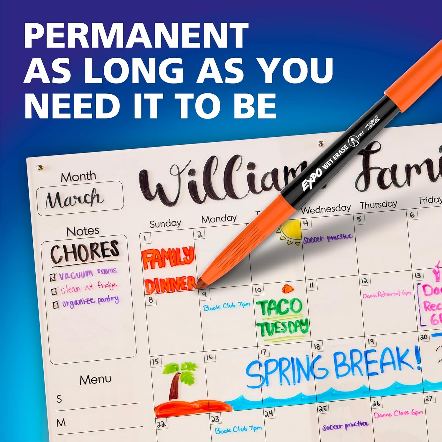 EXPO Wet Erase Markers, Semi-Permanent, Blue, Fine Tip, 12 Count - For Writing on Glass, Whiteboards, Mirrors, Calendar, Labeling, Organizing