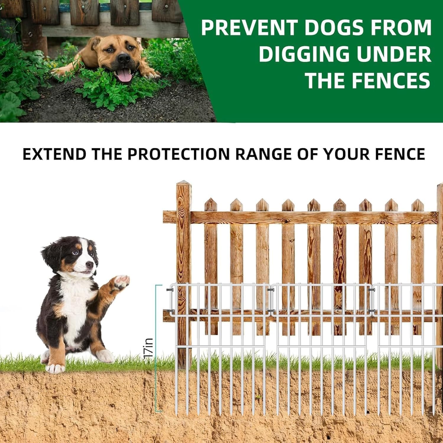 25 Panels Garden Fencing Animal Barrier, 17in (H) X 27ft (L) No Dig Dog Fence, 1.25 in Gap Fence Border for Dogs Rabbits, Rustproof Metal Decorative Fences Blocker for Outdoor, Yard, Patio, White