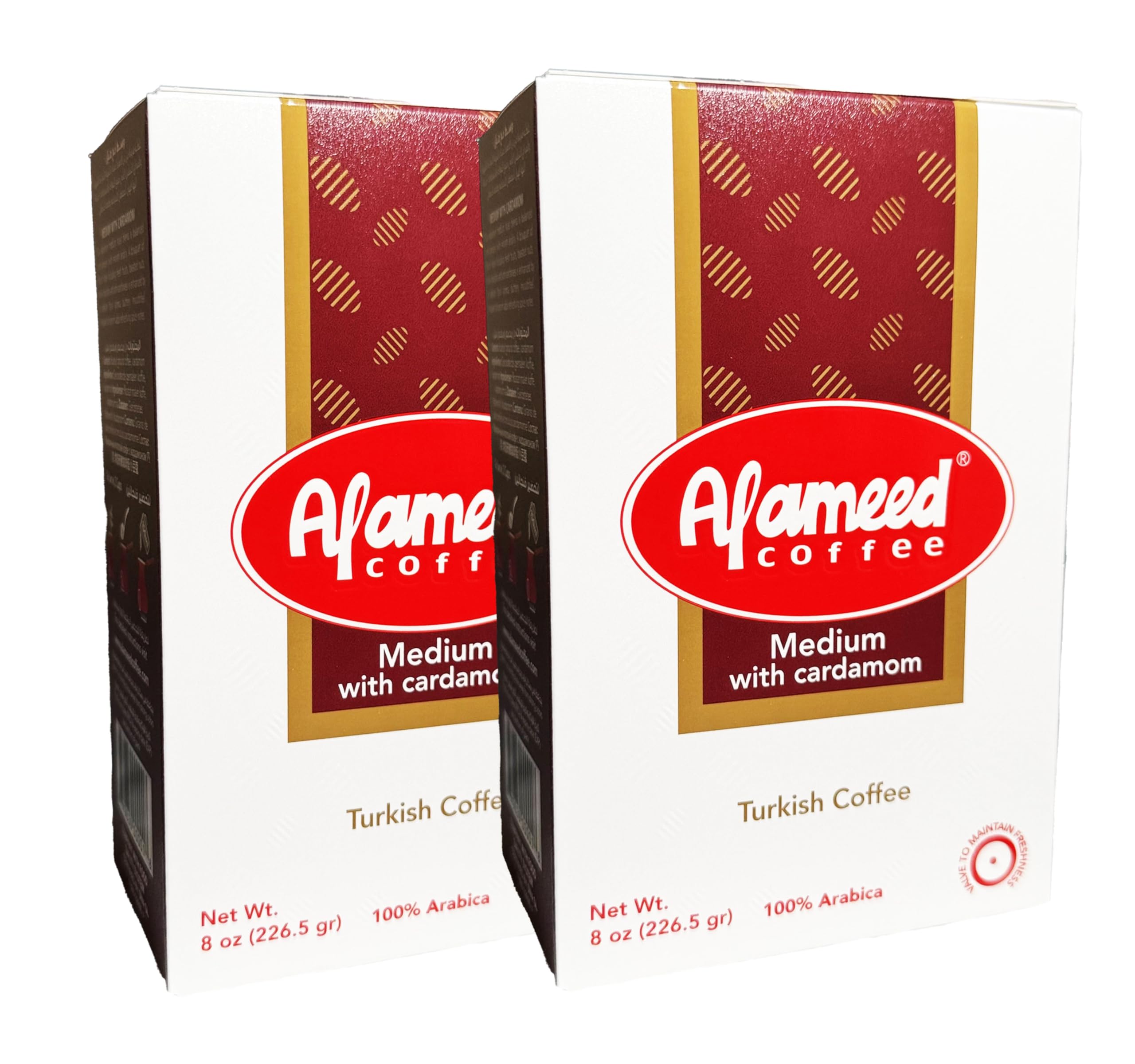 Al Ameed Coffee, Medium Roast with Cardamom, Turkish Coffee, 8 oz, 100% Arabica- Pack of 2