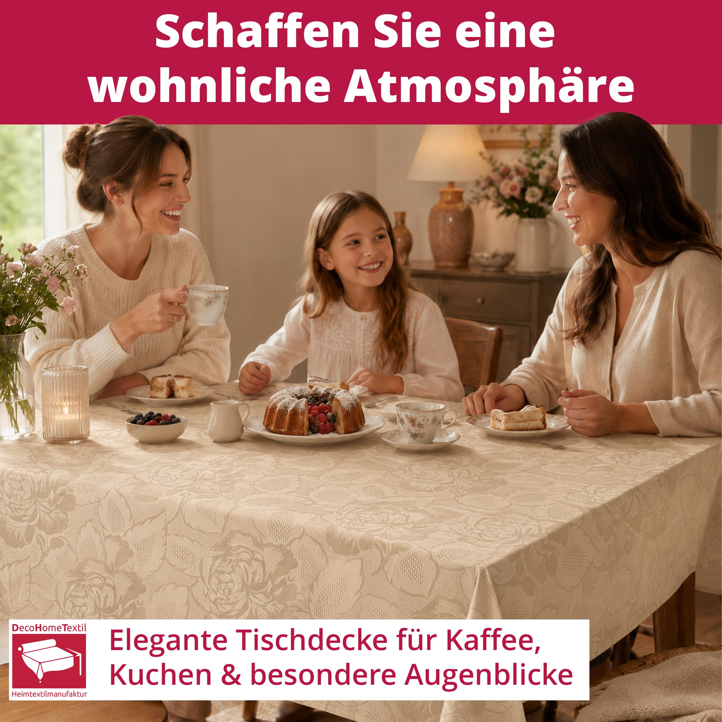 DecoHomeTextil Retro Tischdecke Rosalia mit feinem Rosenmuster – Für eine warme, Elegante Tischatmosphäre, Rechteckig 160 x 320 cm Champagner, der Klassiker