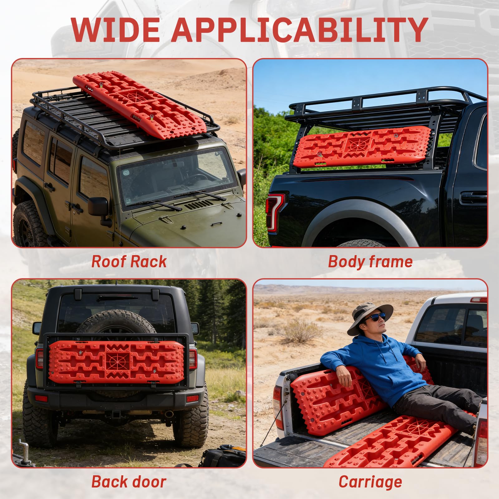 EXLECO 2 Pcs Plaques de Desensablage, Accessoire de Désenlisement pour Cale Camping Carr, 4x4 jusqu‘à 10T, Rampe Voiture de Récupération à Traction sur Sable, avec Sac de Rangement, Support, Rouge