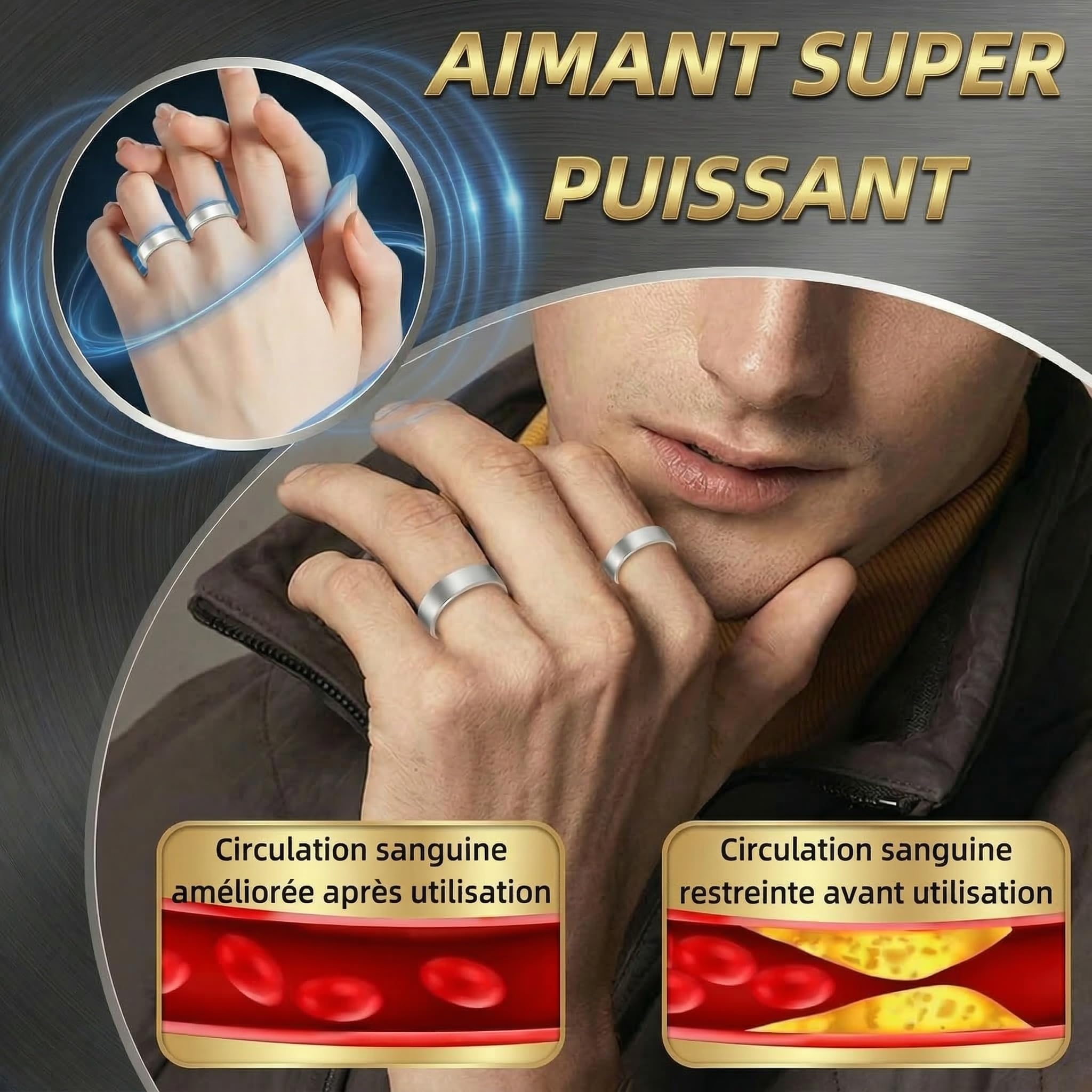 Vitalring Bague Anti Stress Magnétique Femme - Anneau d'Acupression avec 4 Aimants Néodyme pour Ménopause, Sommeil et Équilibre Hormonal au Quotidien (Black)