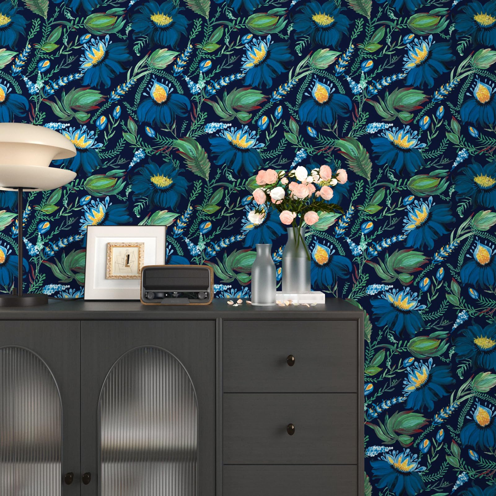 EPPKILY Blue Floral Wallpaper Peel and Stick Vintage Oil Painting Flower Wallpaper Dark Floral Contact Paper for Cabinets Bedroom Walls Liner Vinyl