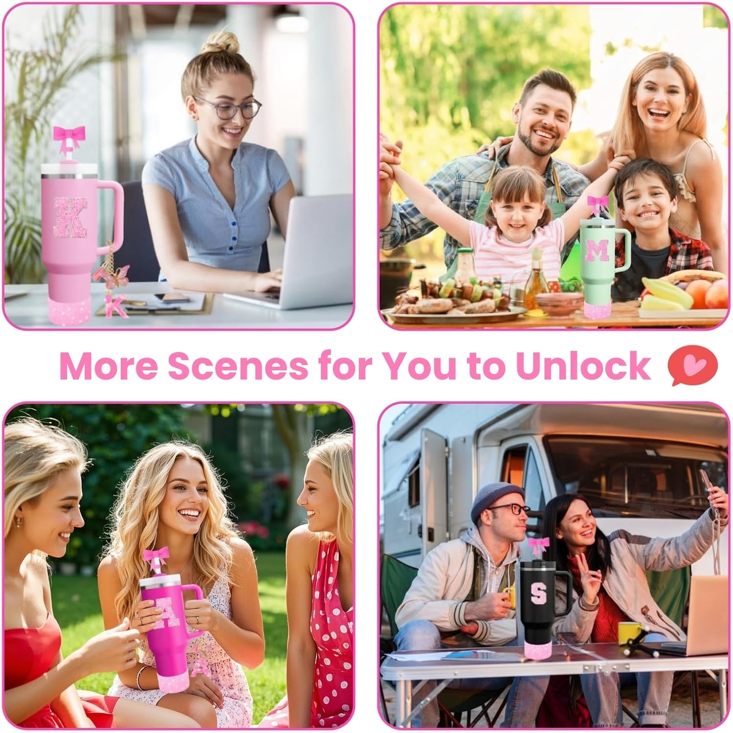 MOTEERLLU 6PCS Pink Stanley Cup Accessories Set, Initials Decorations for Stanley Cup 30oz 40oz, Includes Bow Straw Topper, Handle Charm, Letter Sticker, Silicone Boot, Spill Proof Stopper (Letter L) - Image 6