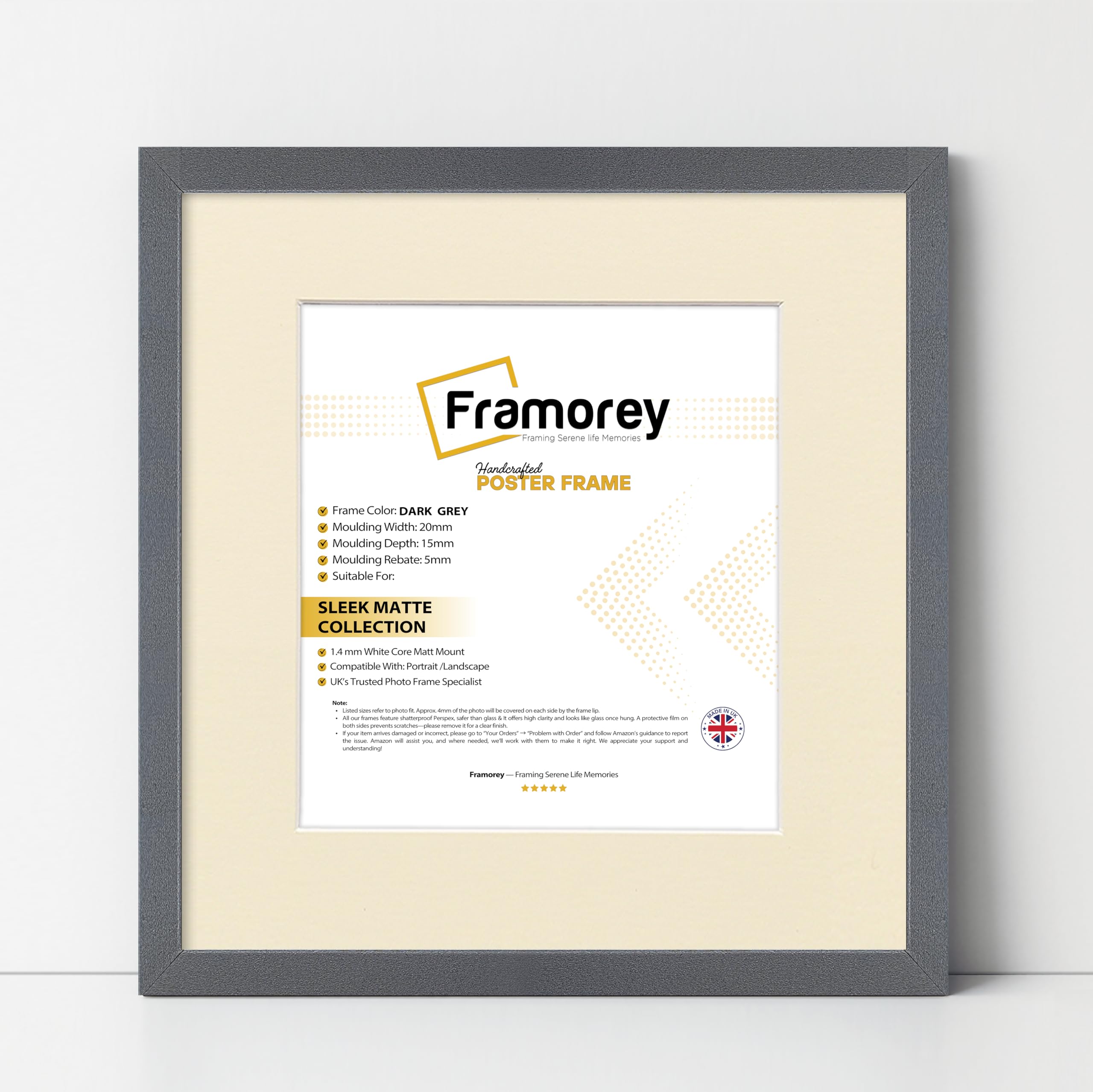 FRAMOREY Square Size Thin Matt Photo, Handmade Flat Thin Picture Frame, 9x9" Size Dark Grey Picture Frame With 7x7" Size Ivory Mount, Photo Print Frames