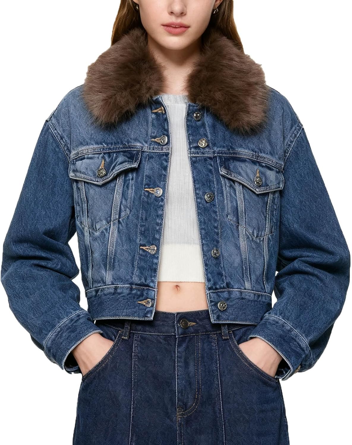 Womens Cropped Jean Jacket Denim Fur Collar Fleece Lined Trucker Jackets Long Sleeve Button Down Warm Winter Coats