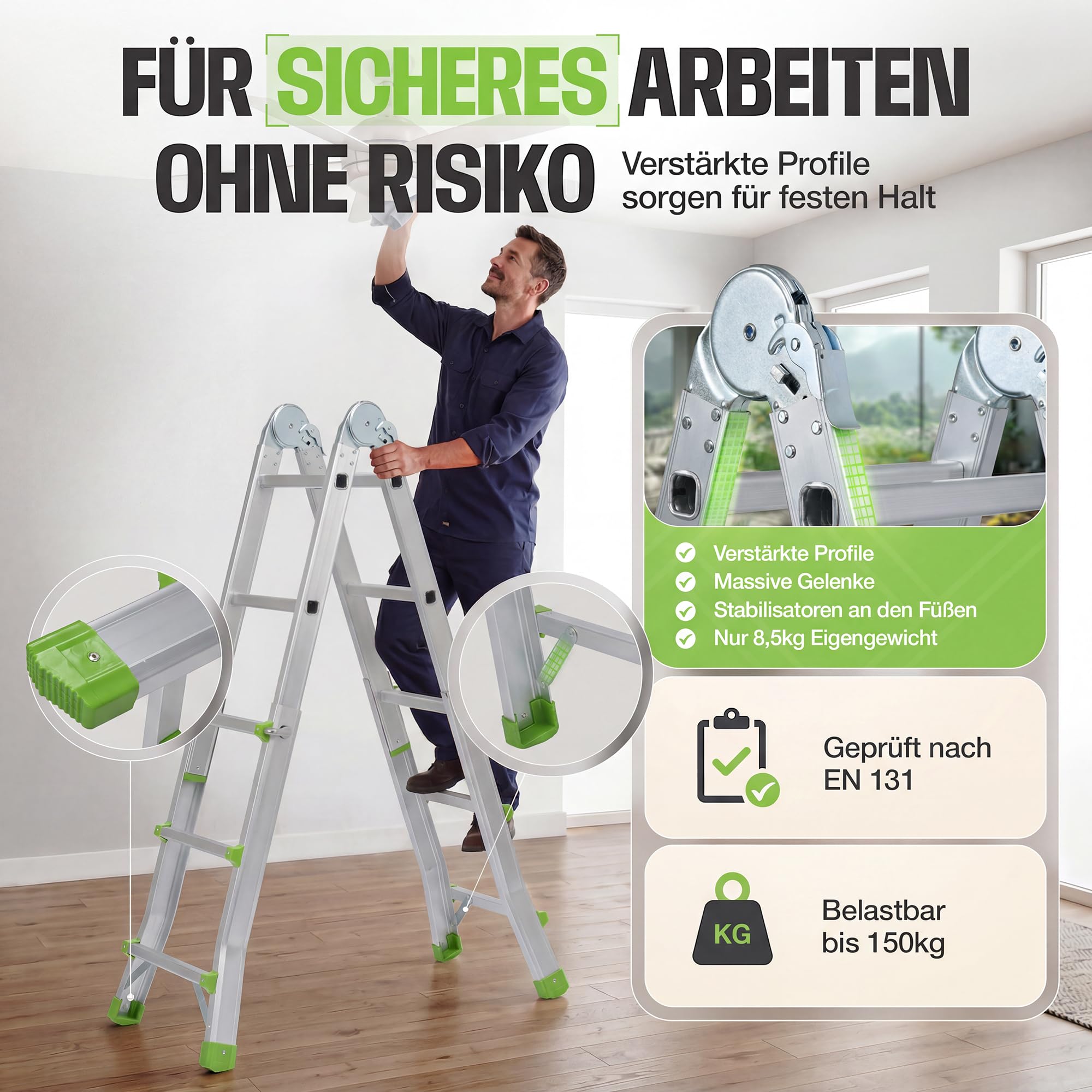Mehrzweckleiter HomeFlex 4x3 Aluminium [3-in-1] ausziehbare Klappleiter & Teleskopleiter | Stehleiter, Anlegeleiter und Treppenleiter | Ultrakompakt 94 cm nur 8,5 kg bis 286 cm