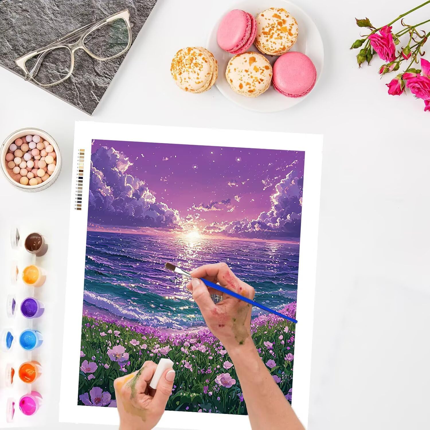 Vista marina e fiore Dipingere con i Numeri per Adulti, 70x90cm a-296 | Paint by Numbers Kit con Pennelli e Acrilico Pigmento, Fai da te Olio La Pittura di Numeri Kit, Decora la Casa, senza Cornice