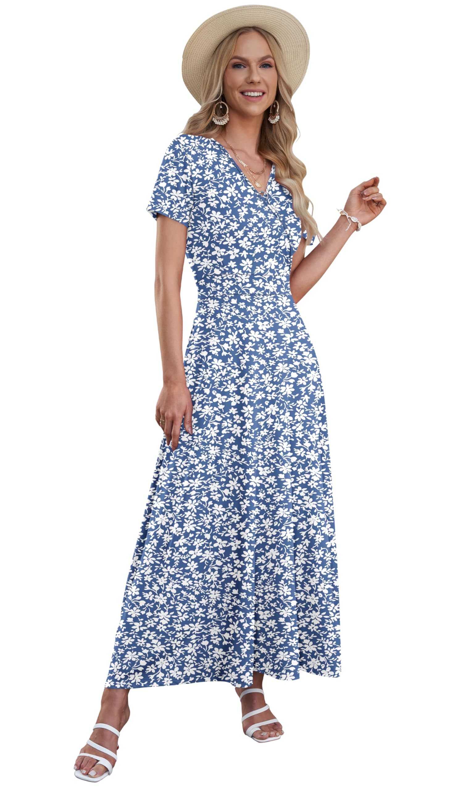 AUSELILY Vestito Lungo Donna Scollo a V Maxi Vestito Donna Elegante Estivo Manica Corta Abito Casual Vita Alta Abiti Vestiti con Tasche