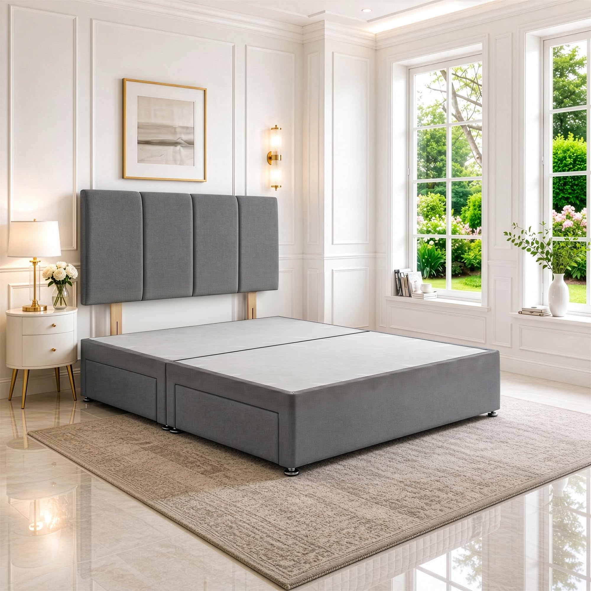 SANA SLEEP Small Double Divan Bed with Headboard & 2 Storage Drawers – Plush Grey Fabric, 4FT UK Made, Bedroom, Guest & Kids’ Room