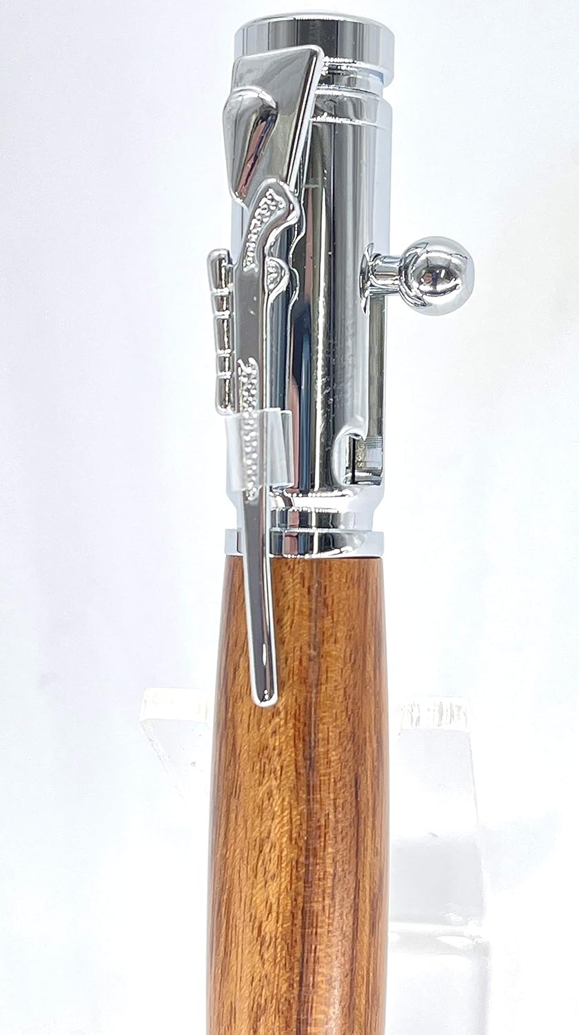 (1 Pen) 30 Caliber CHROME Bolt Action Pen Kit Completed Pen with compass on Finial Smooth Wood Finish