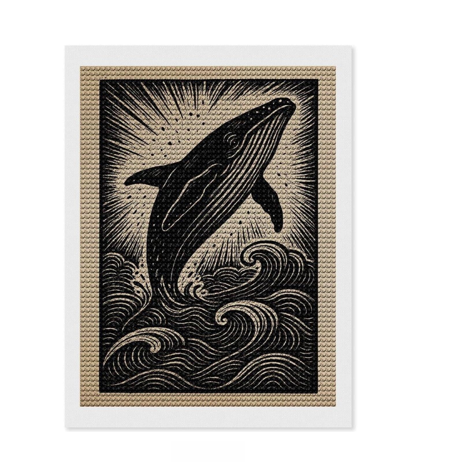 Junmoney Whale Breaching Woodcut Style Crystal Diamond Art Kit 12"x16", Cute Room Decor, Stress Relief Craft, Artistic Hobby, Vintage Style Decor
