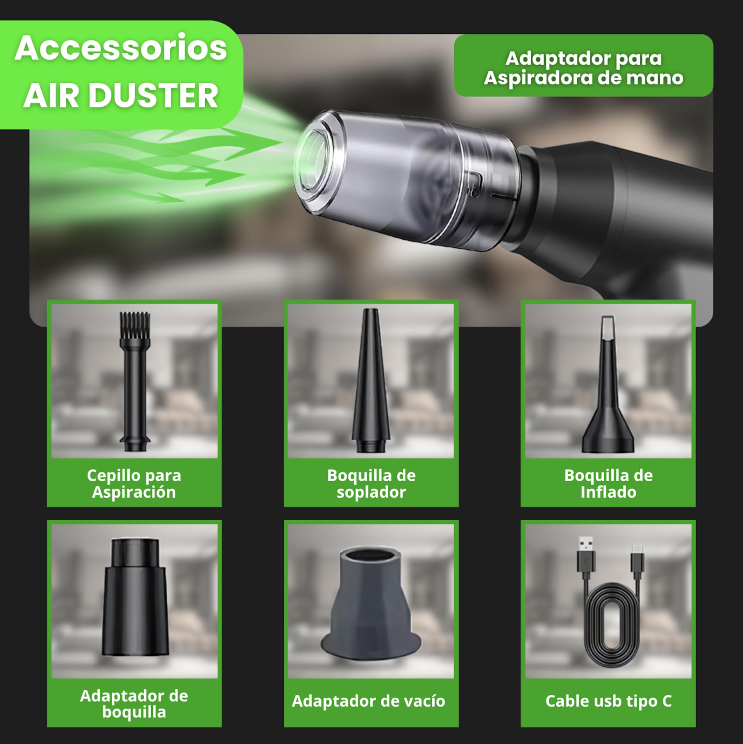 Soplador De Polvo Eléctrico Y Aspirador 2 En 1, Aire Comprimido Limpieza PC,150000 RMP, Soplador De Aire, Limpiador Teclado, Control De Velocidad, Mini Aspiradora, Recargable Y Portátil.