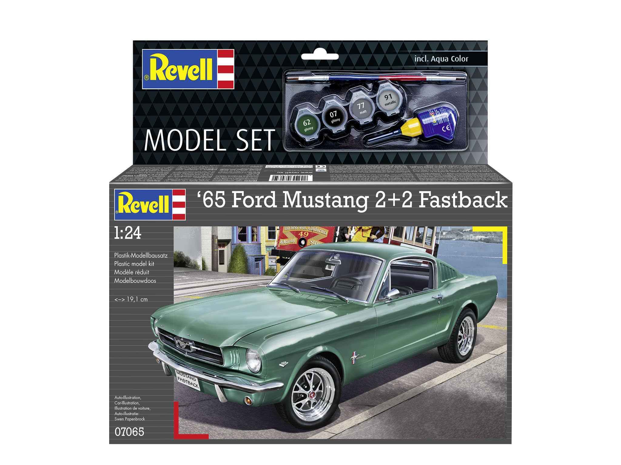 Revell Zestaw modelarski Ford Mustang 2+2 Fastback 1965 | klasyczne wzornictwo | wierna szczegółowo karoseria, silnik i autentyczne wnętrze | w zestawie klej i pędzel