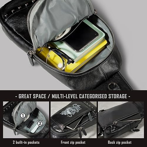 Miniatura 4 de Bolso bandolera pequeño de cuero genuino para hombres Crossbody, bolso negro de hombro de calavera para hombre, mochila de una sola correa, Negro -