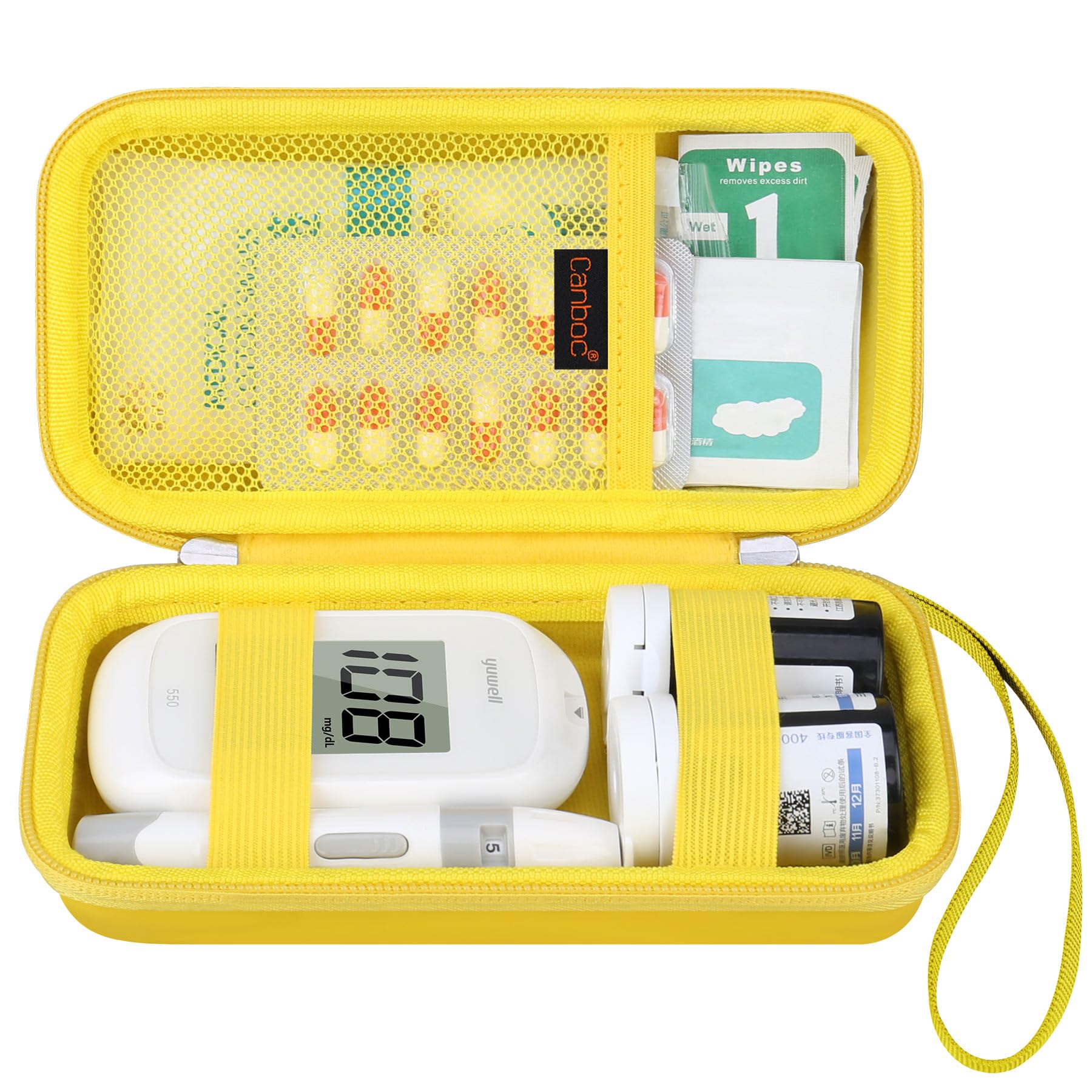 CanbocDiabetic Supplies Case, Carrying Organizer for Glucose Meter, Lancing Device, Blood Sugar Test Strips, Lancets, Insulin Pens, Alcohol Wipe and Diabetes Care Accessories, Yellow