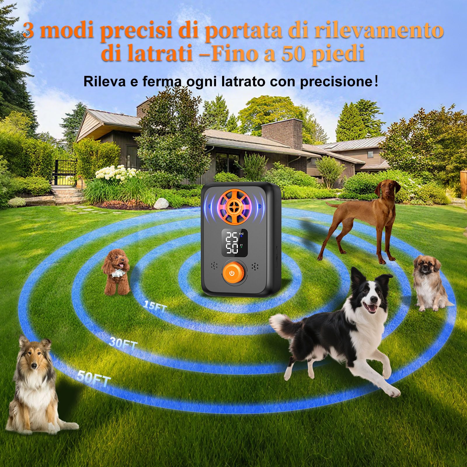 Anti Aboiement Chien Ultrason Puissant - Appareil Anti-Aboiement Ultrasonique Chien avec 5 Fréquences Ajustables, 3 Portées, Arrêt Automatique du Aboiement Intérieur/Extérieur