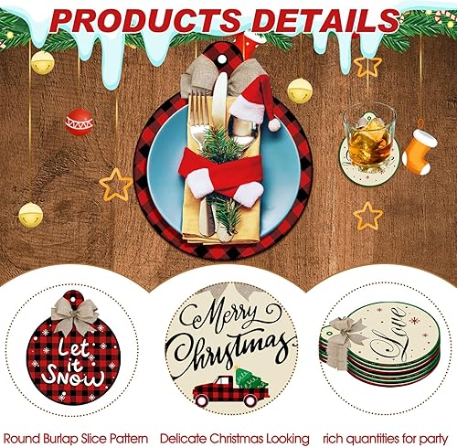 Miniatura 4 de Juego de 200 manteles individuales de papel desechables de Navidad, juego de posavasos redondos de arpillera con lazos y posavasos a granel a cuadros