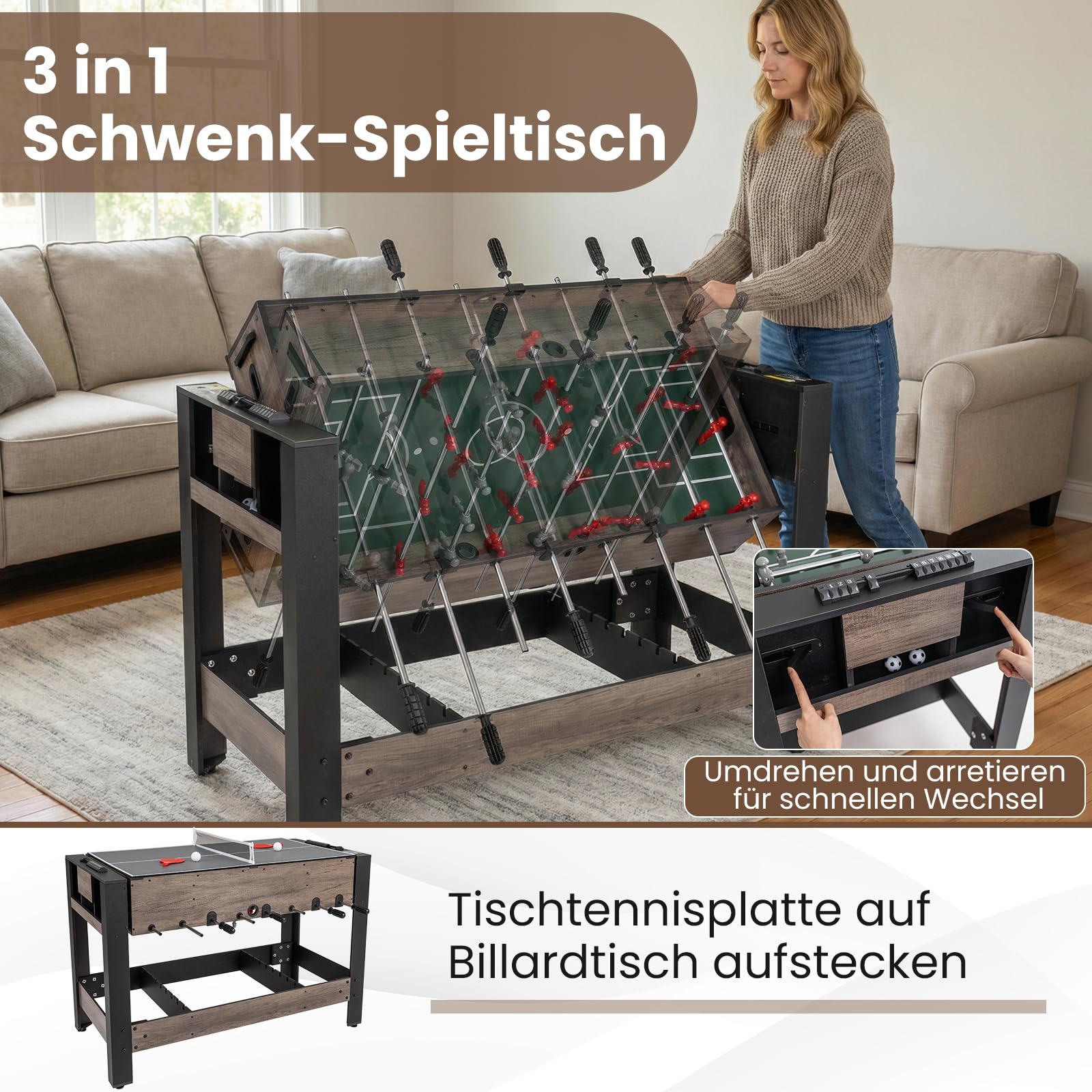 COSTWAY Multi Spieltisch drehbar, 2 in 1/3 in 1 Multifunktionstisch mit Tischkicker & Billardtisch, Tischfußball Komplett Set für Kinder, Erwachsene, Kickertisch für Zuhause, Spielzimmer