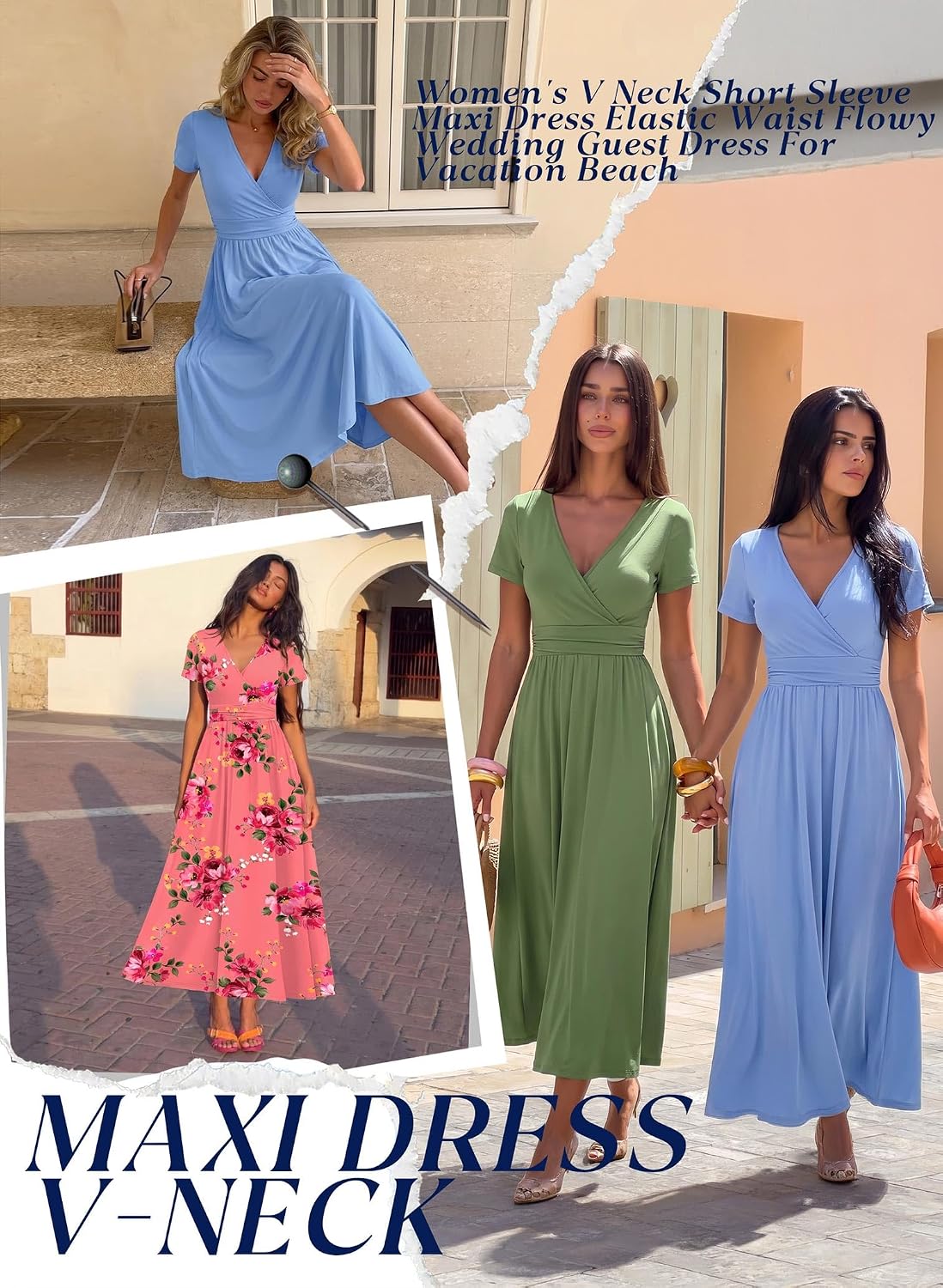 WEACZZY 2026 Summer Long Dresses for Women Wrap Empire Pleated Waist V Neck Short Sleeve Elegant Maxi Dress with Pockets image 5
