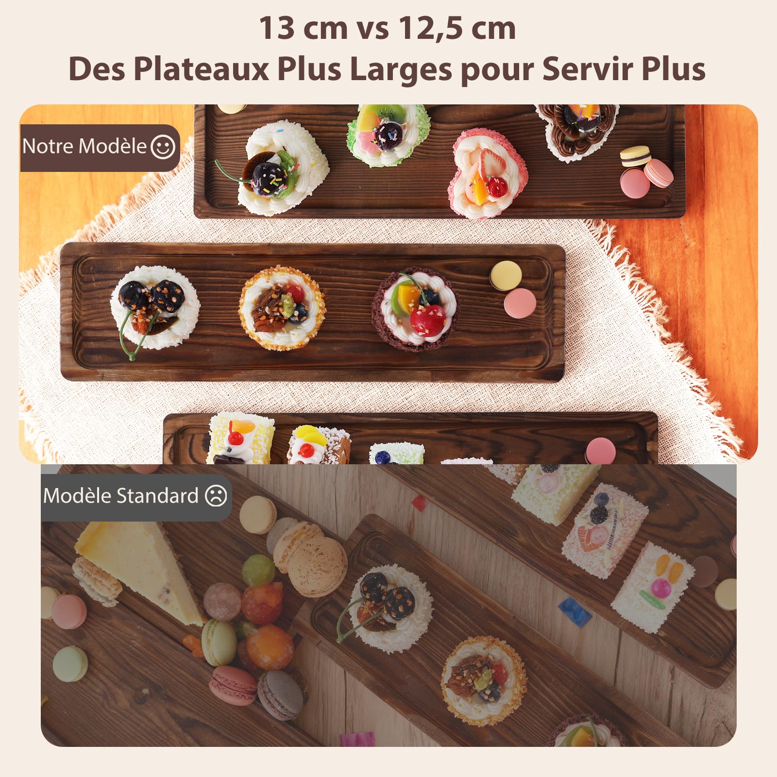 Étagère à Cupcakes et Desserts en Bois à 3 Étages avec Cadre | Oscillant Pin Fini Torch Rustique, Plateaux Large de 13cm, Assemblé à l'Avance avec Pads Anti-Dérapants, Support pour Gât