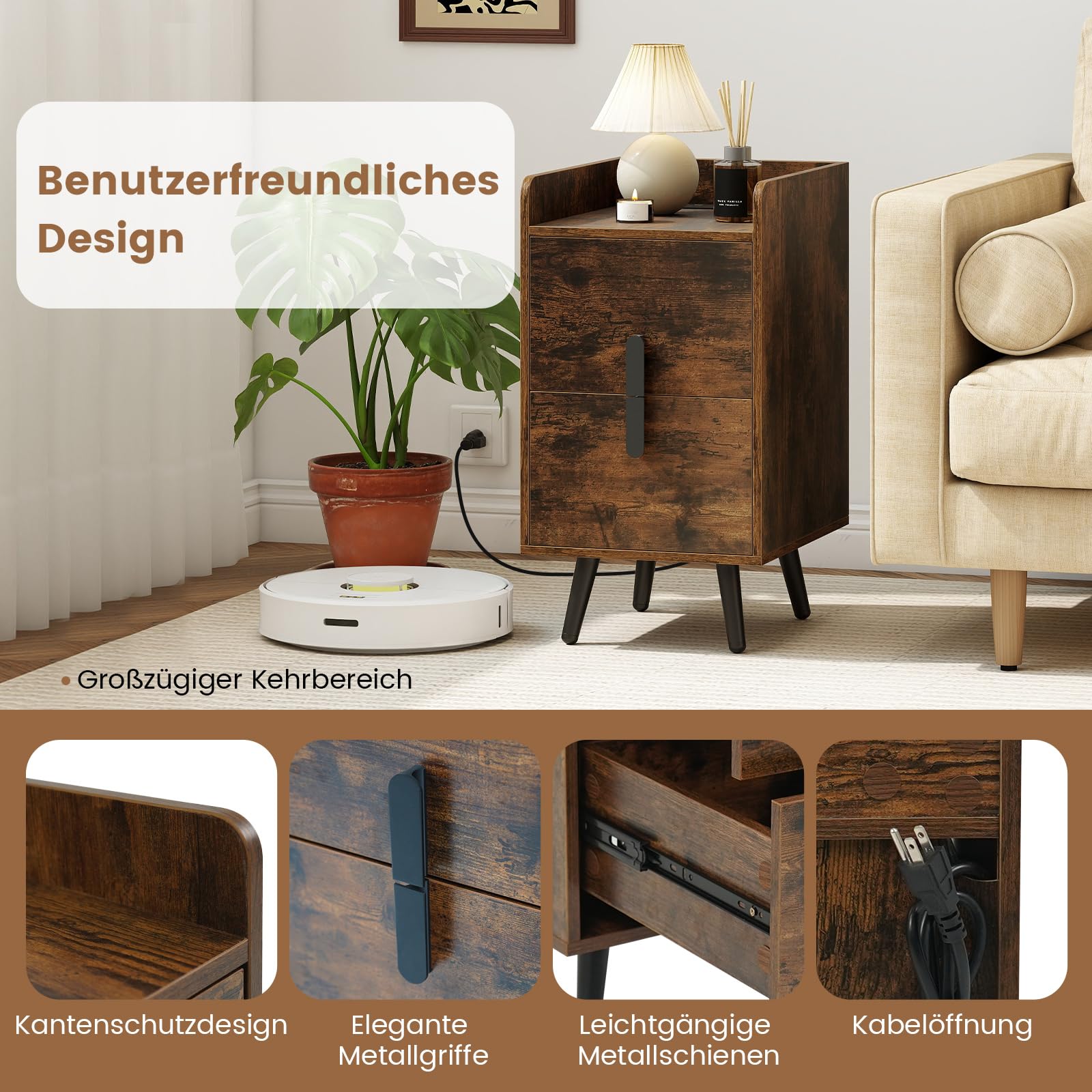 COSTWAY Nachttisch mit Ladestation, schmaler Nachtschrank mit 2 Schubladen, Beistelltisch mit Metallbeinen, Nachtkommode für Schlafzimmer, Wohnzimmer, 40 x 32 x 60 cm (Rustikales Braun)
