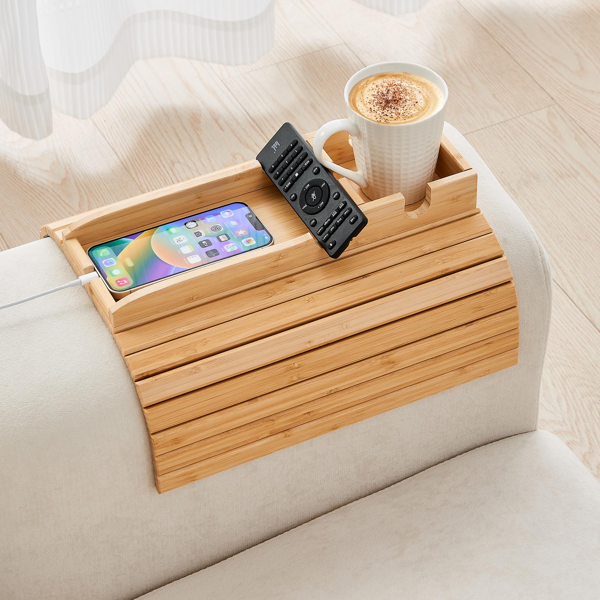 GEHE Bamboo Couch Cup Holder, Anti-Spill Sofa Arm Tray, Natural and Easy to  Clean Couch Arm Cup Holder Armrest Tray Perfect for Cups, Beers, Snacks, ...