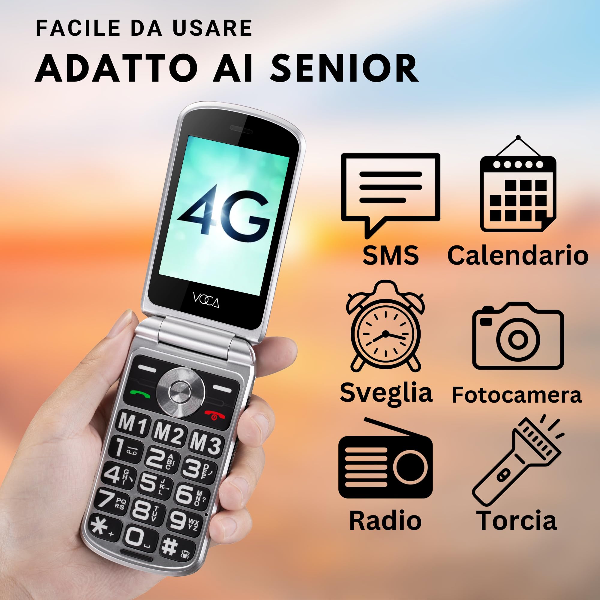 VOCA Telefono a conchiglia con grandi tasti per anziani, Doppio schermo, 4G LTE, Volume elevato, Pulsante SOS | Compatibilità con apparecchi acustici | Dock di ricarica | Testo predittivo | V543