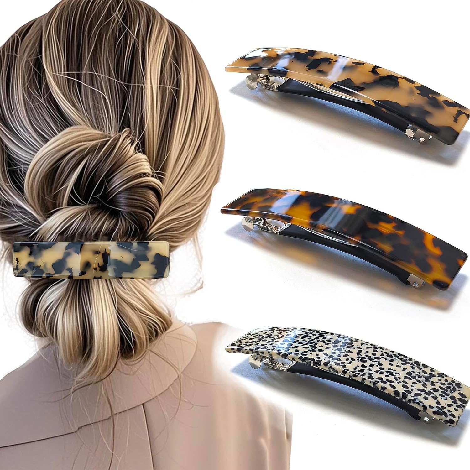 Large Hair Barrette for Women Acetate Rectangle Not Easy to Break French Hair Clips for Thick Hair, 3 Pack